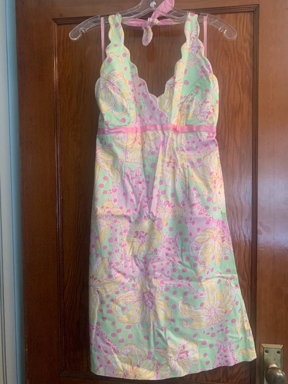 Lilly Pulitzer Scalloped Halter Sundress Pink Green Yellow Floral Size 4